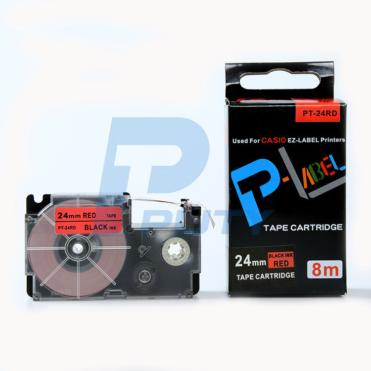 Nhãn in  CASIO PT-24RD ( tương thích XR-24RD1) - Nhãn chữ đen nền đỏ 24mm