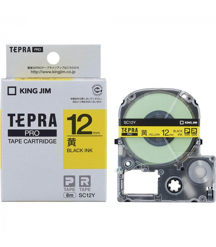 Nhãn in Tepra Pro SC12Y ( Chữ đen trên nền vàng - Khổ 12mm - Dài 8 met )