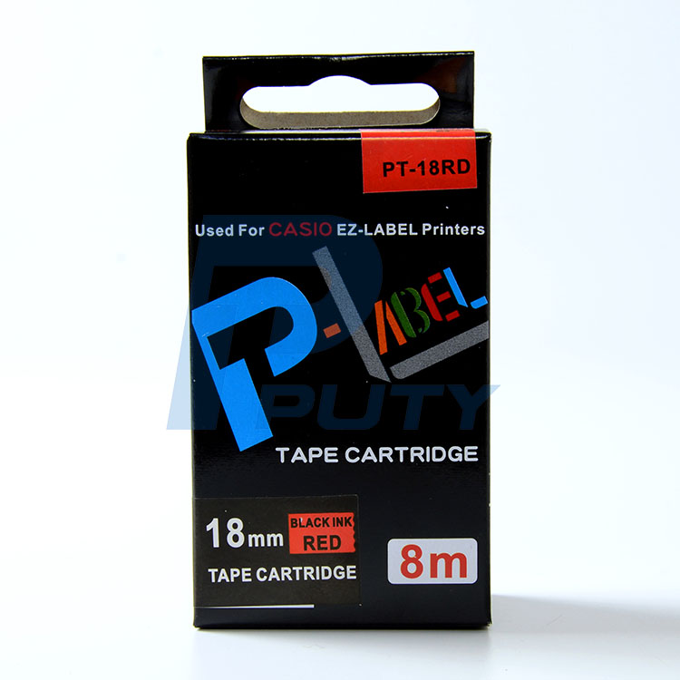 Nhãn in  CASIO PT-18RD ( tương thích XR-18RD1) - Nhãn chữ đen nền đỏ 18mm