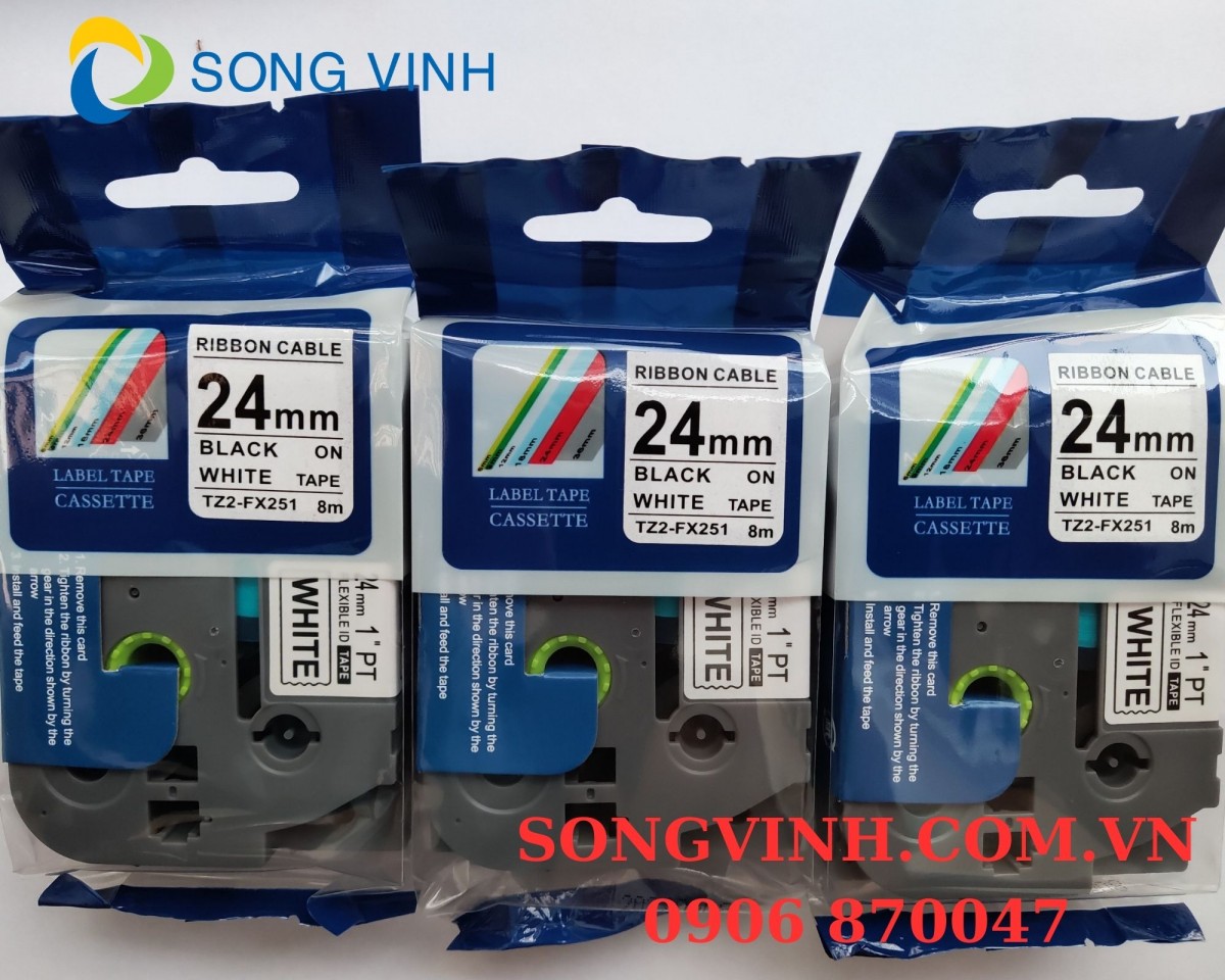 Nhãn in siêu dẻo TZ2-FX251 ( Nhãn in 24mm - Chữ đen nền trắng - Dài 8 met )
